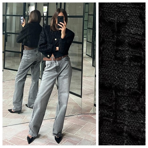 Zara Jackets & Blazers - NWT. Zara Black Viscose/Wool Bland Embossed Fabric Cropped Bomber Jacket Size S.